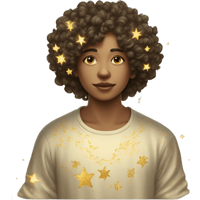 Person wearing t shirt filled with vintage detailed baroque sparkling swirls golden stars galaxies celestial emoji