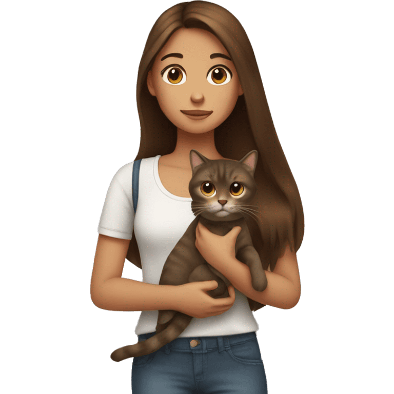 Girl with long brown hair holding a cat emoji