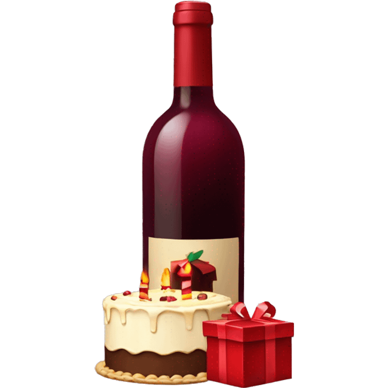 Bottle of red wine with present and birthday cake  emoji