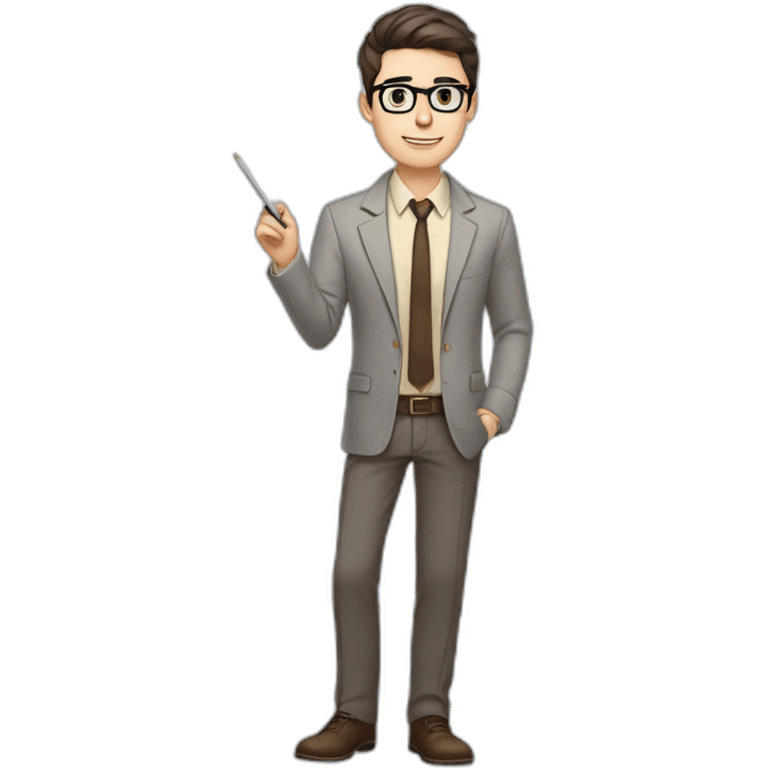 Pale skinned fit man with dark brown hair in gray jacket, beige office shirt, brown tie, brown pants and vintage glasses Writing on the flipchart emoji