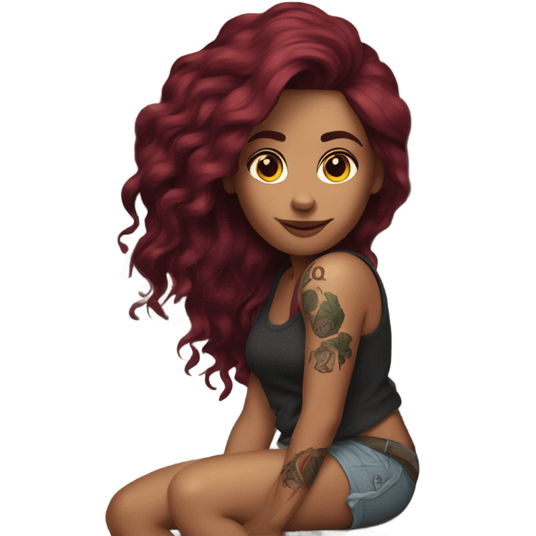 Beautiful tattooed woman long burgundy hair climbing rocks emoji