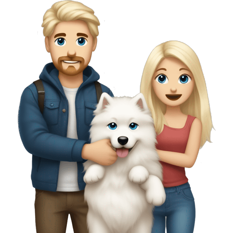 a blonde girl with long hair and blue eyes together with a blonde guy with dark eyes and a mustache are holding a Samoyed puppy in their arms emoji