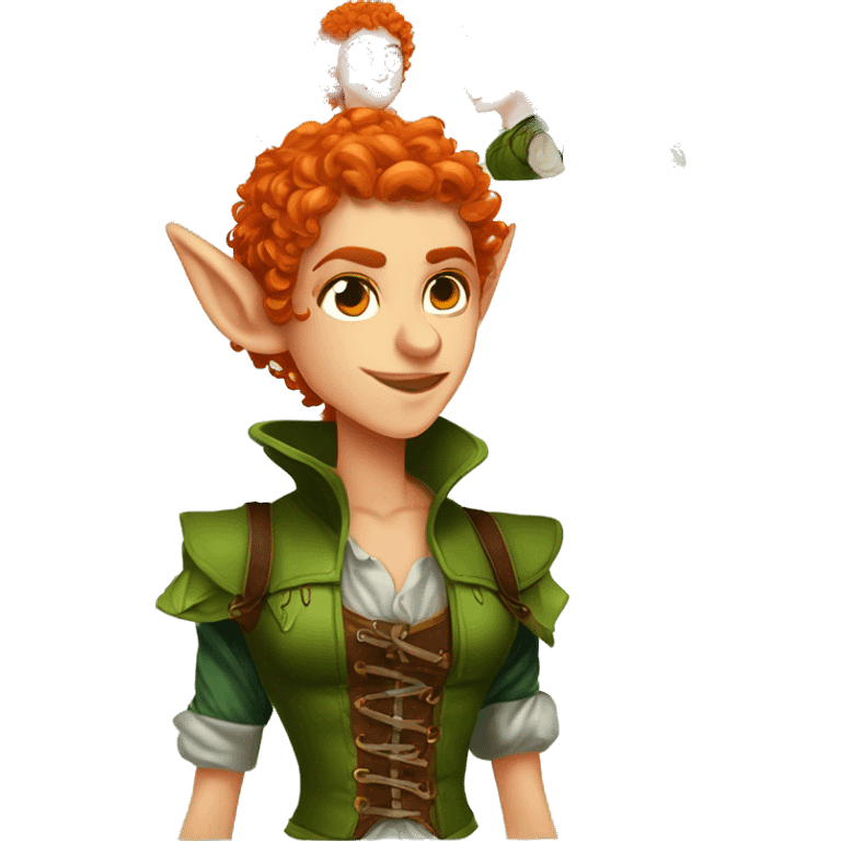 sexy light skin elf, with red orange curly hair, wearing a green hunter vest with a.browm corset, vector art emoji