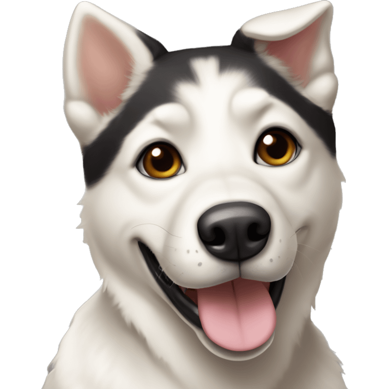 white husky-lab mix dog with black and tan and brown around his eyes and black/tan ears smiling with tongue out emoji