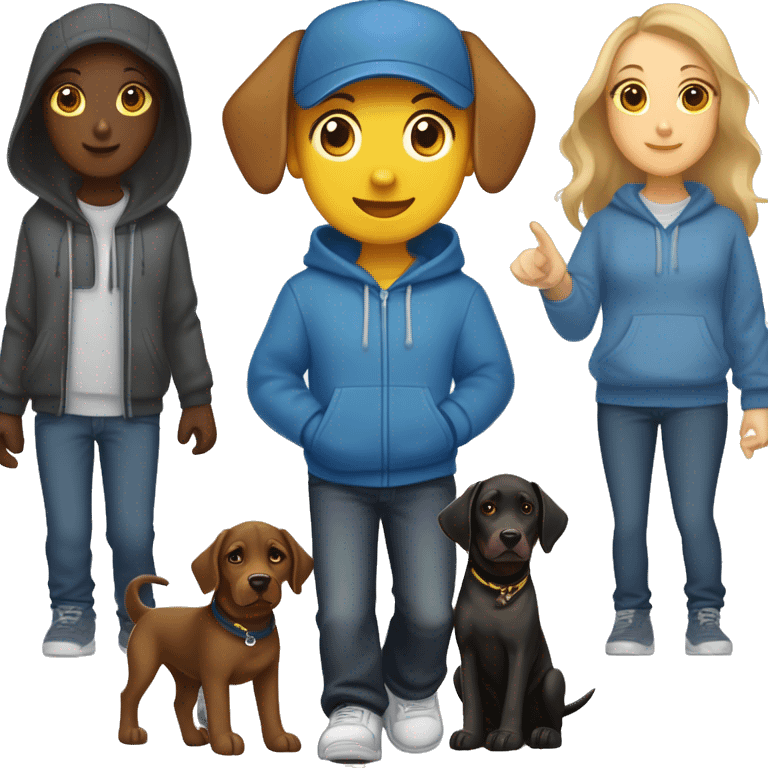 White Dog walker with short brown hair in blue hoodie, jeans, dark blue baseball cap with three black Labradors, three yellow Labradors, a chocolate Doberman with floppy ears and a black Doberman with floppy ears  emoji