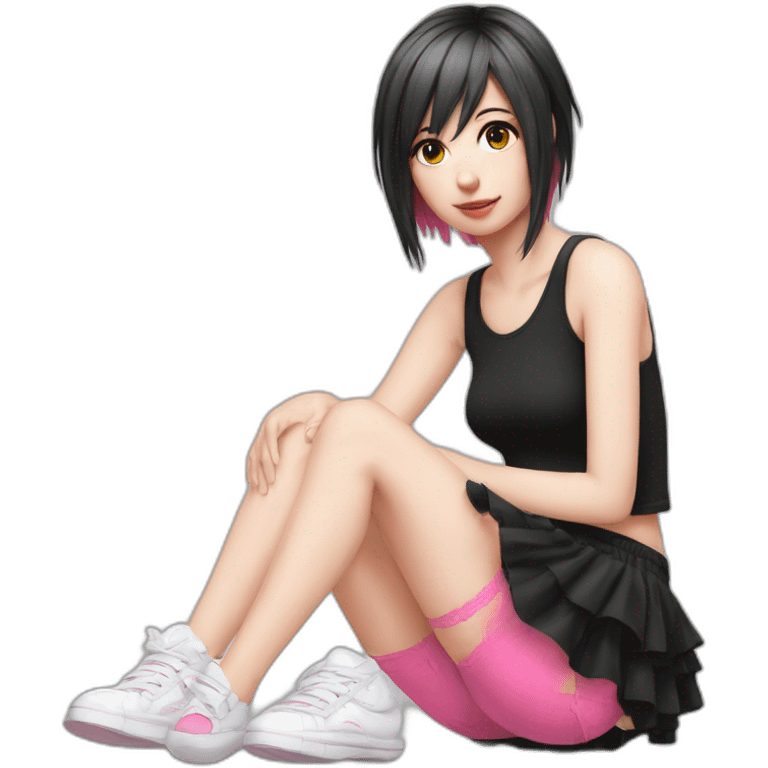 full body Front view emo girl sits on the floor black skirt pink knickers emoji