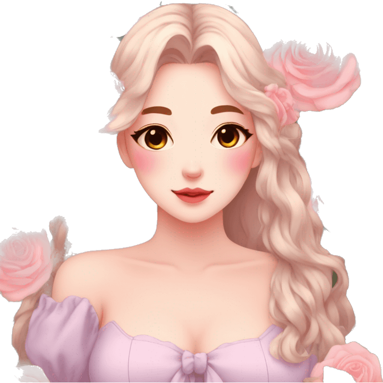 Gorgeous pastel anime style lady with blushing face and roses aesthetic trending style emoji