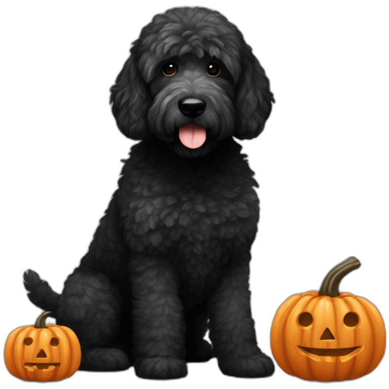 A black goldendoodle with grey spots, sitting next to a jack o’ lantern emoji