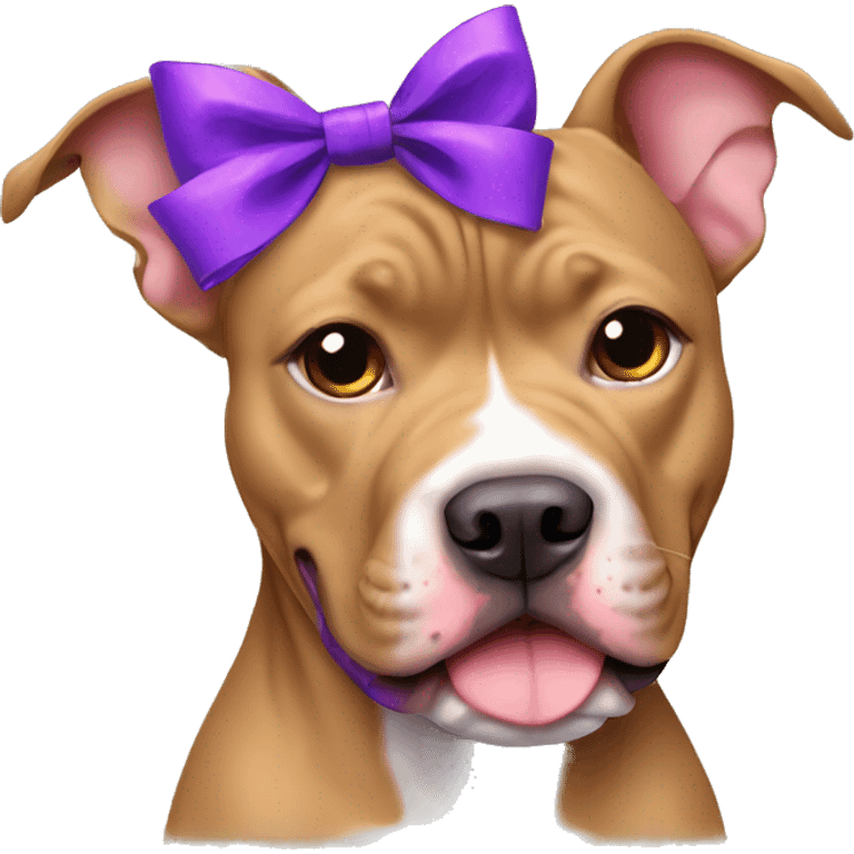 Light brown pitbull with ears cut and purple bows emoji