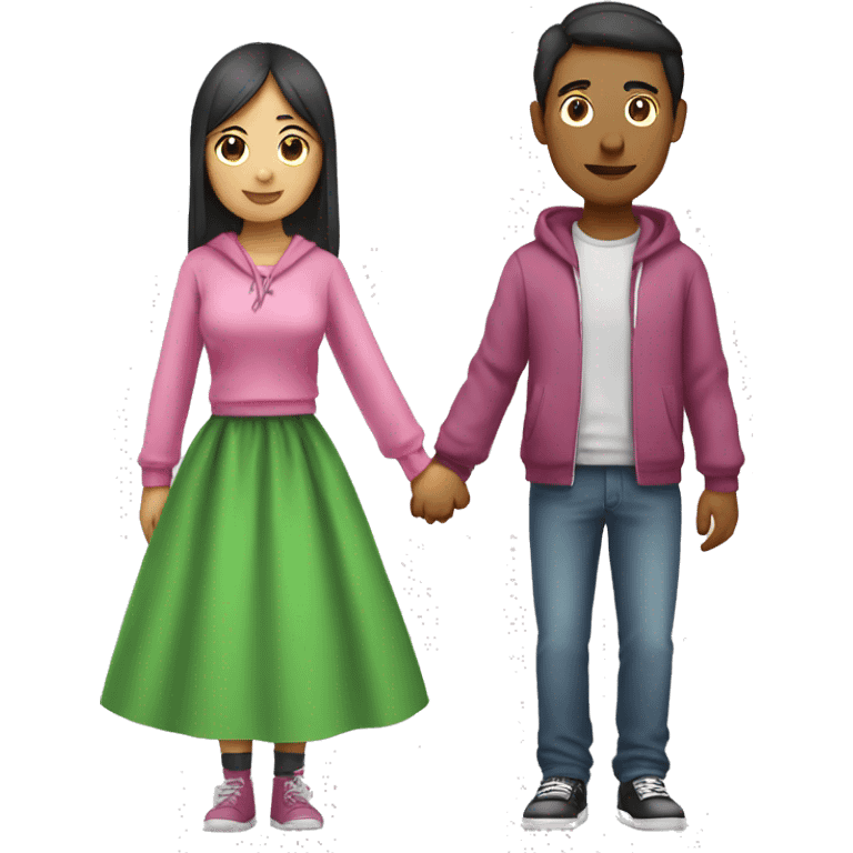 Tall mexican guy with hoodie and short asian girl with pink dress holding hands emoji