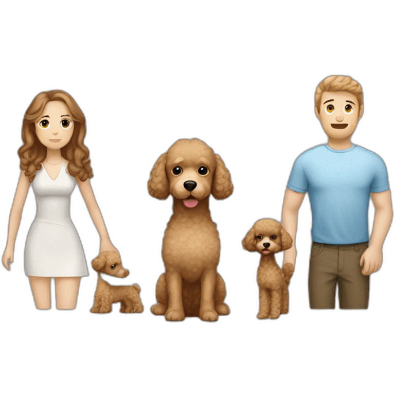 A family consisting of 1 white man with light brown hair, 1 white woman with dark brown hair and a toy poodle with brown hair, heads alone and no children emoji