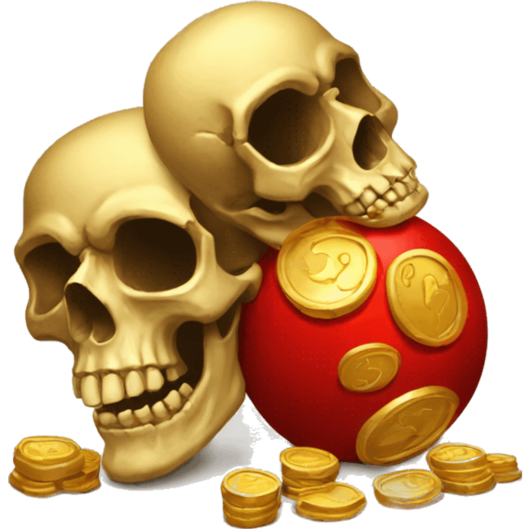 three skulls, red ball, gold coins, old board emoji