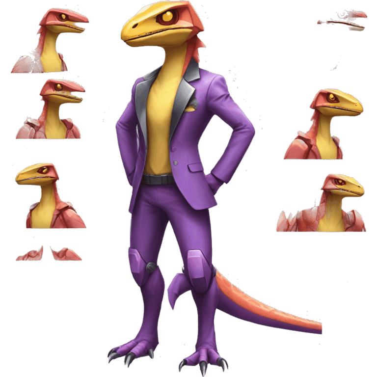 Shiny Velociraptor-Genesect-Fakémon-Pokémon wearing a with a futuristic cyber-helmet And suit Full Body emoji