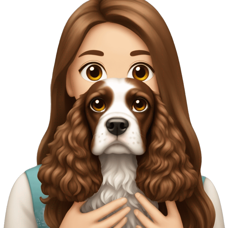 Beautiful girl with long beautiful brown hair holding English Cocker Spaniel emoji