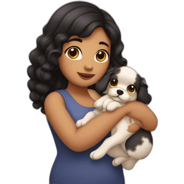 chubby fair girl with extra wavy black hairs holding dog in her arms emoji