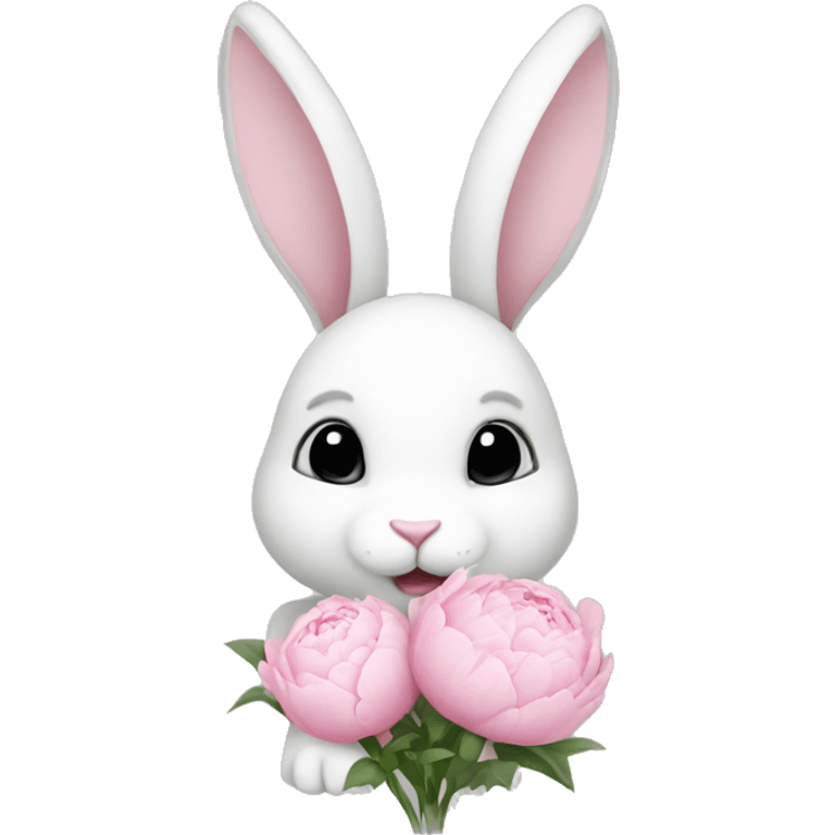 cute white bunny holding light pink peonies emoji