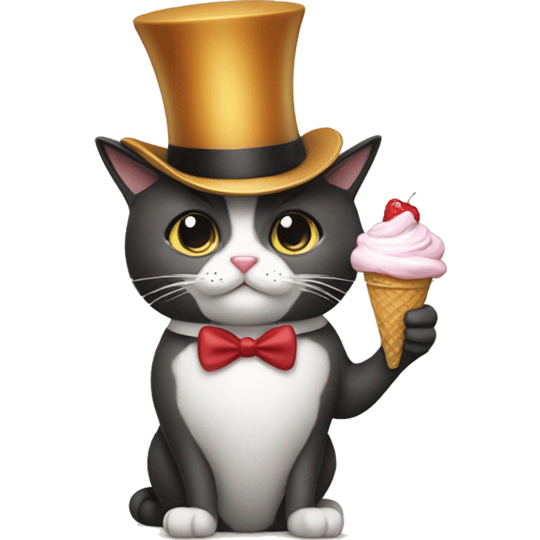 A cat with a top hat holding ice cream emoji