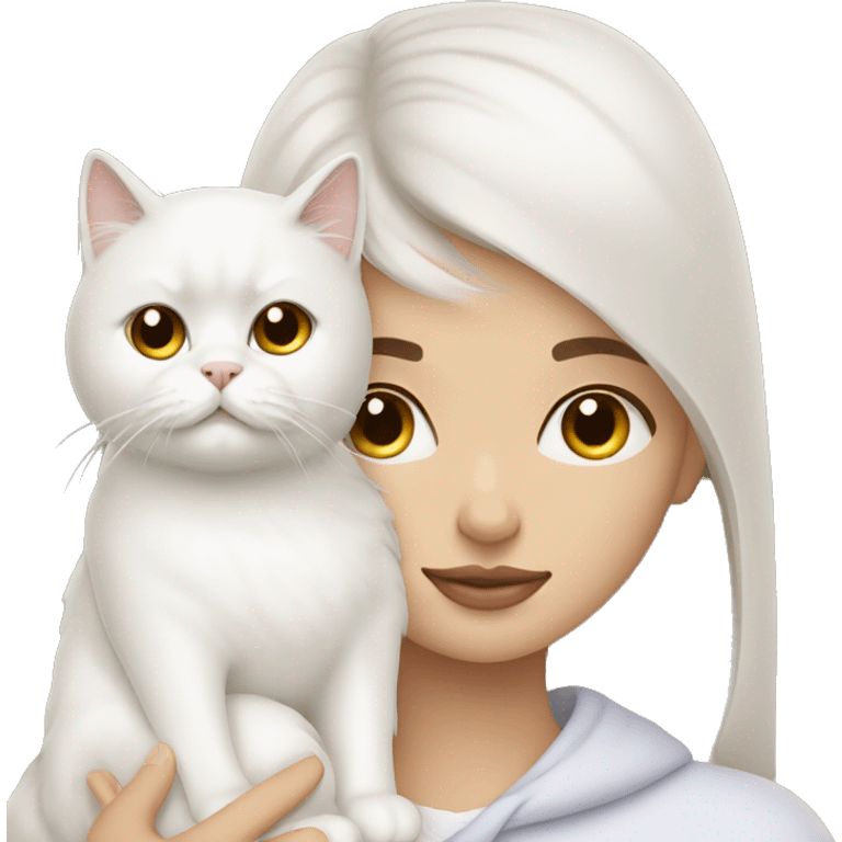 Brunette woman snuggling white Persian cat emoji