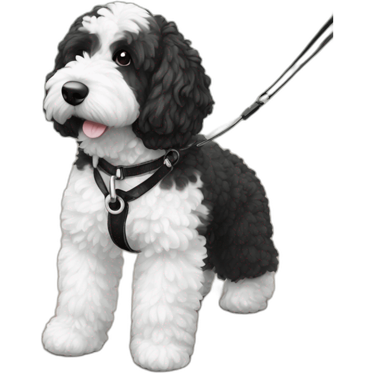 medium sized black and white ausssiedoodle on a leash emoji