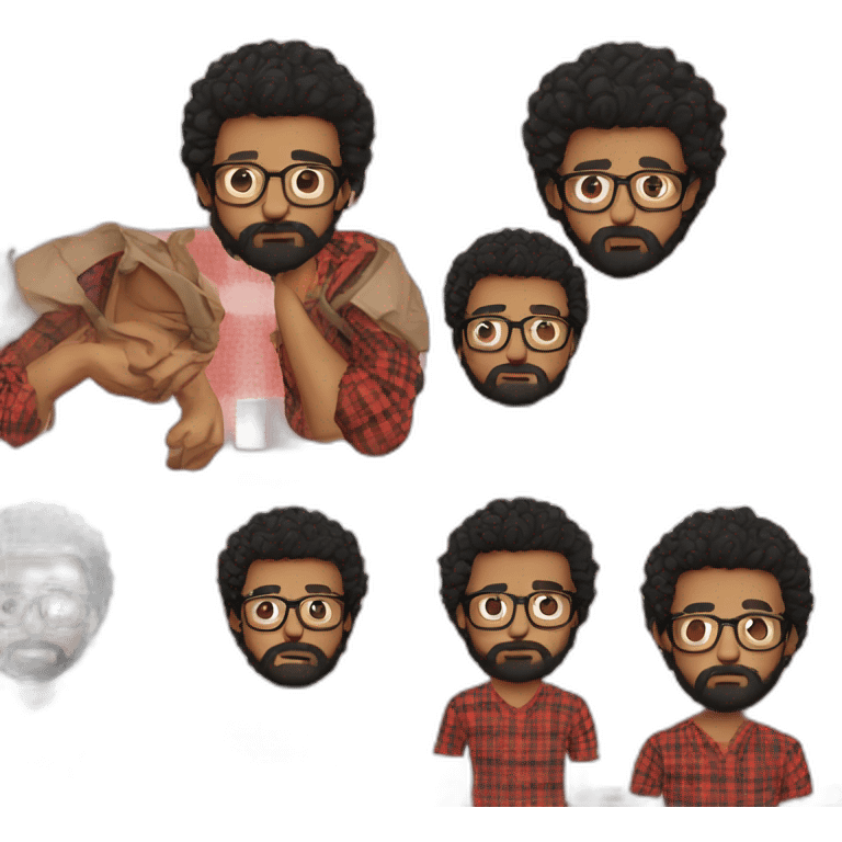 Crying man with beard, glasses, black curly hair and red plaid shirt emoji