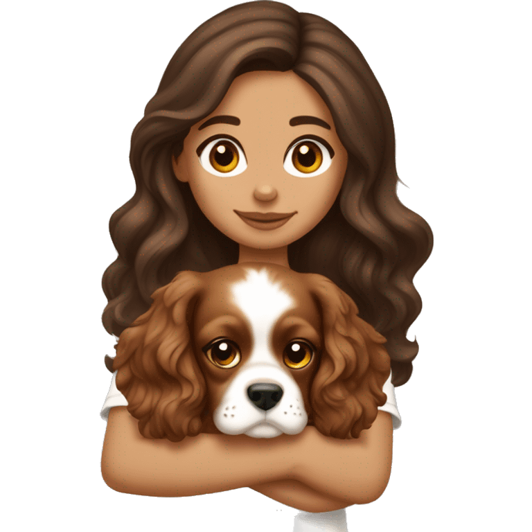 Tanned brunette long wavy hair girl holding a cute cavalier spaniel puppy with short ears wavy fur emoji