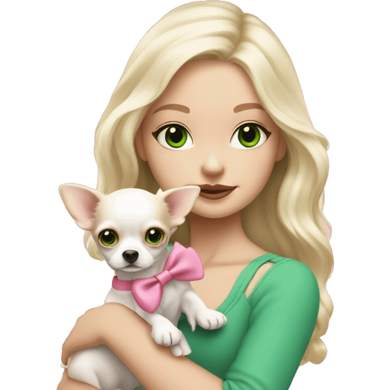 pale blond girl with wavy long platinum hair with green eyes holding a white chihuahua puppy that wearing a pink bow emoji