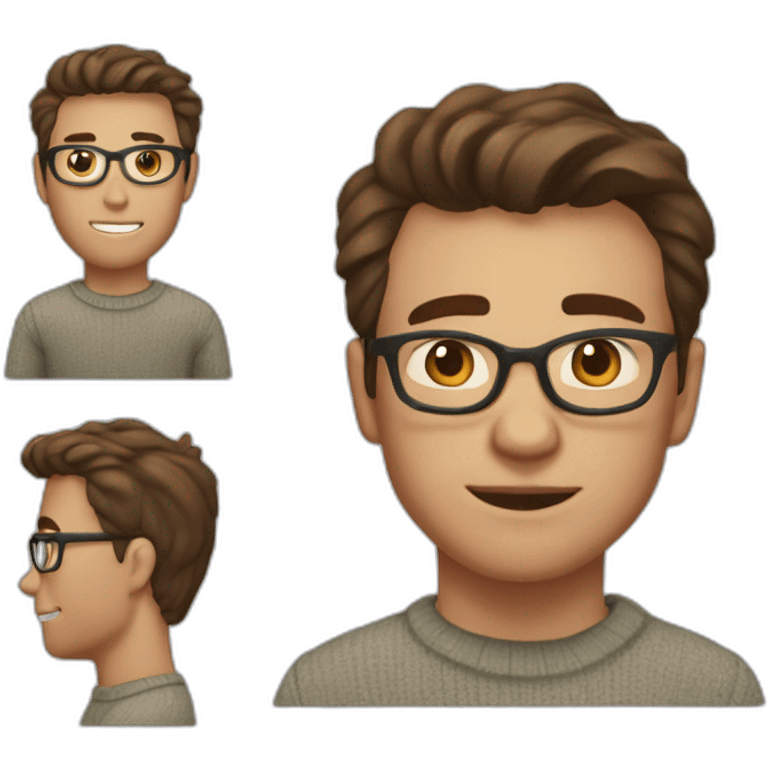 21 year old, white man, swooped brown hair, clear glasses, wide head, Patagonia sweater emoji