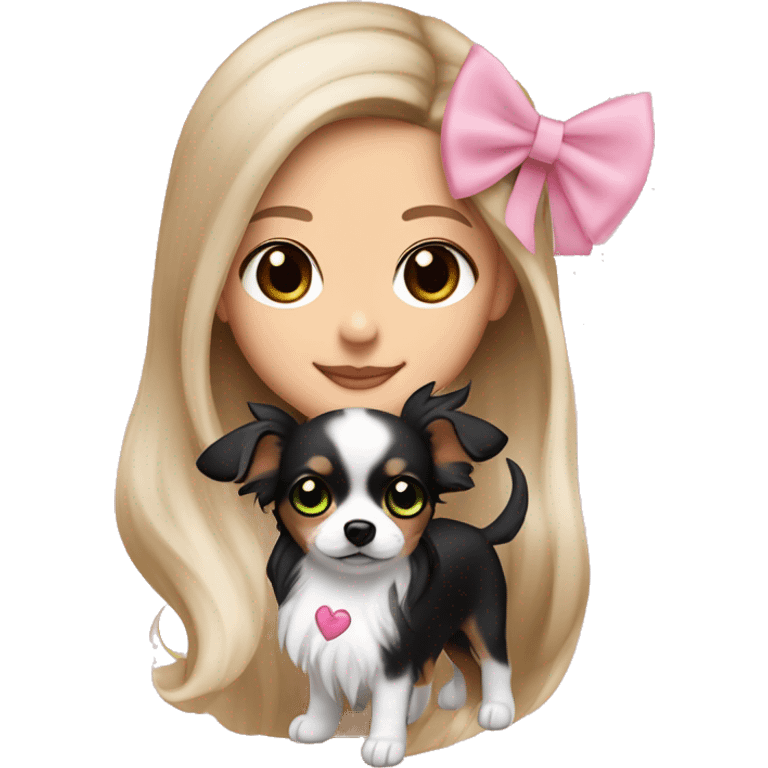 Tan brown haired girl with long styled hair with bright green eyes and wearing a light pink hair bow holding a black and white long haired chihuahua puppy also wearing a hair bow emoji