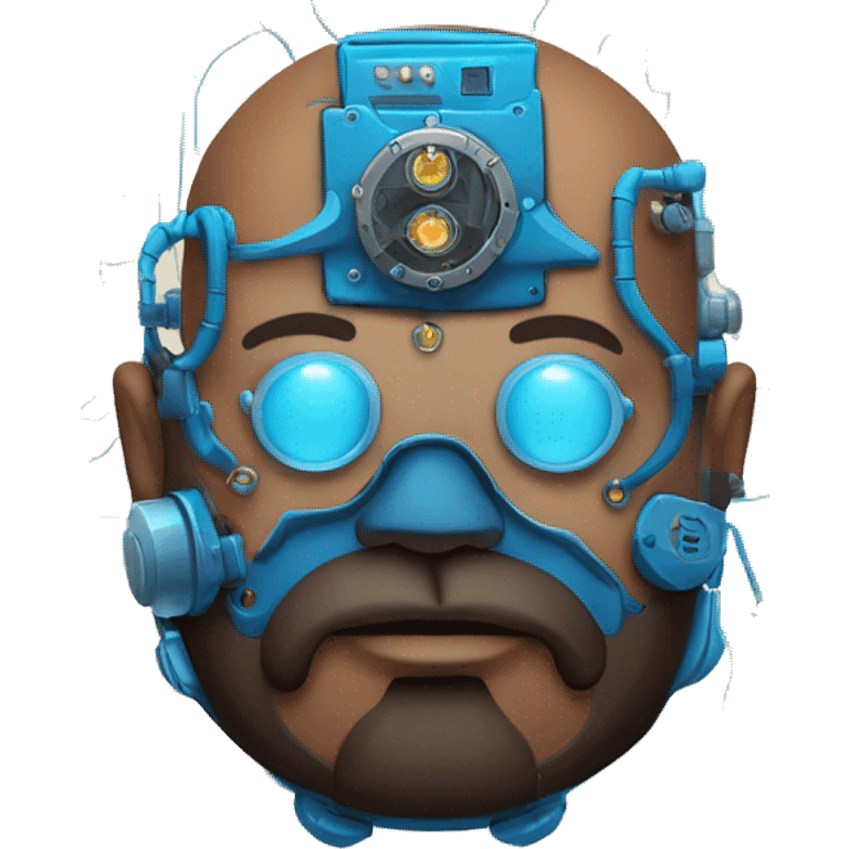 Bearded Fat bald cyborg head with brown skin, blue steampunk goggles and circuits emoji