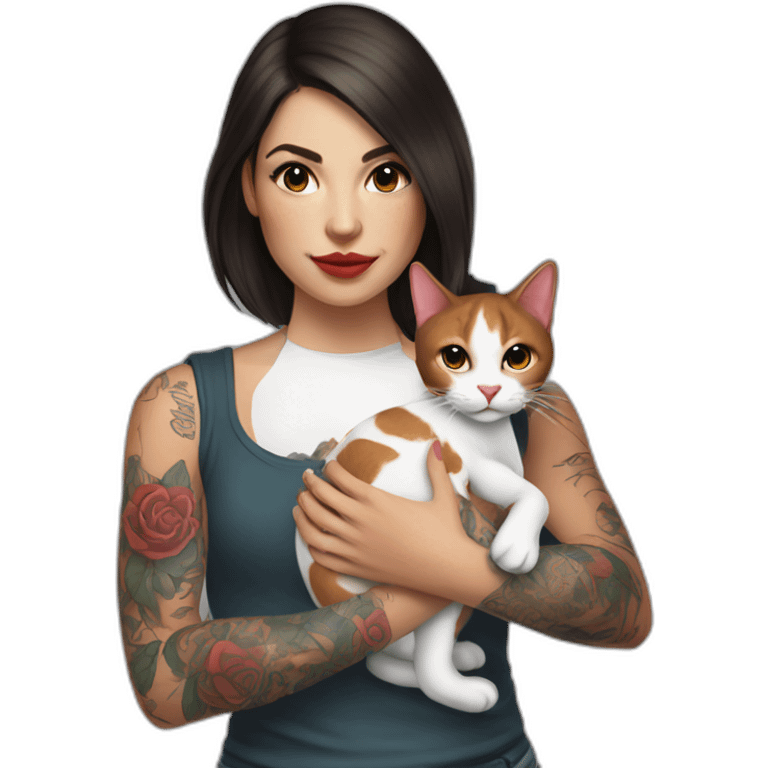 young tattooed brunette woman holding a red and white cat in her hands emoji