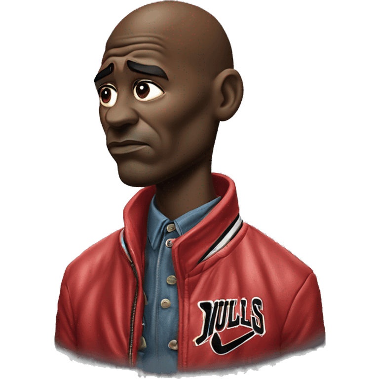 Michael Jordan in a jacket holds his head and is sad photorealistic serious emoji