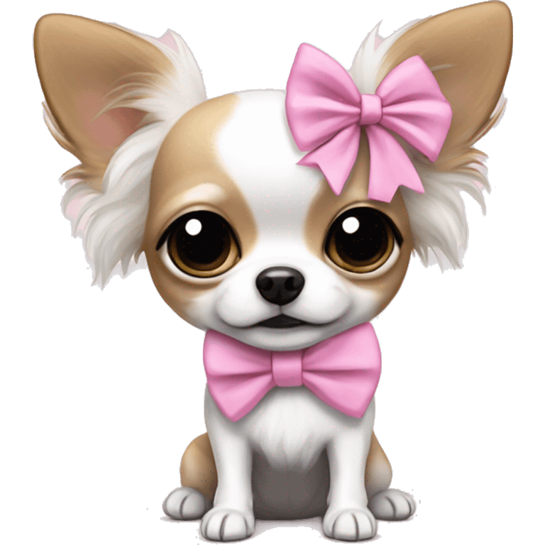 white with black and white long haired chihuahua with white stripe on forhead a cute pink bow emoji