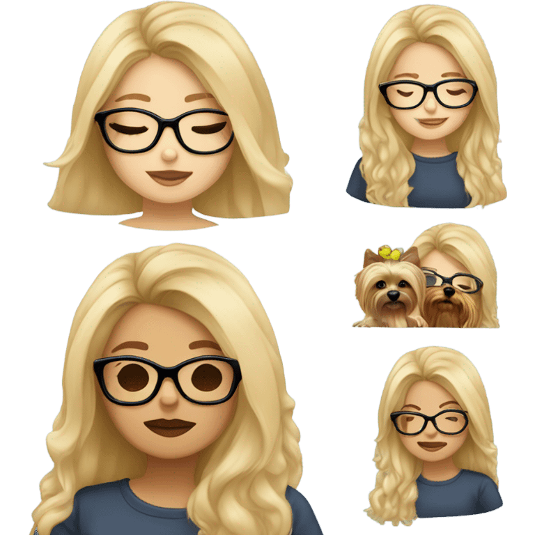 White girl, blonde hair, eyes closed, wearing glasses kisses Yorkshire terrier  emoji