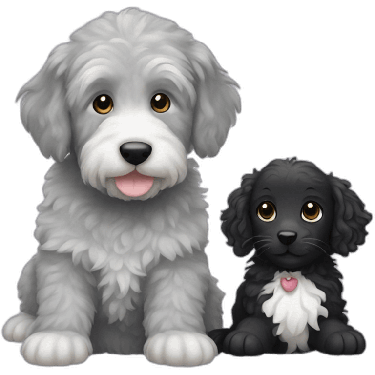 grey kitten with white spots, and a black labradoodle emoji