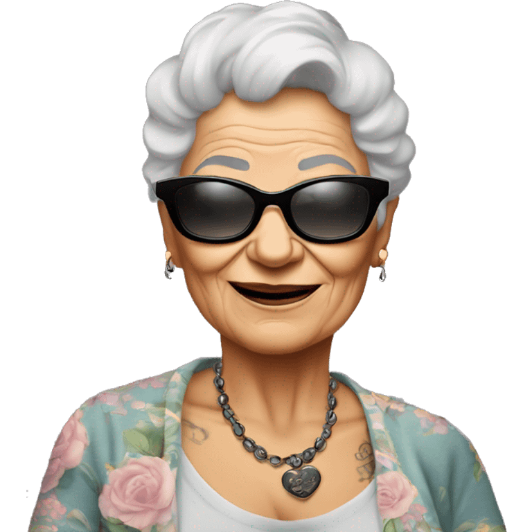 cool grandma in black sunglasses with tattos in the handd emoji