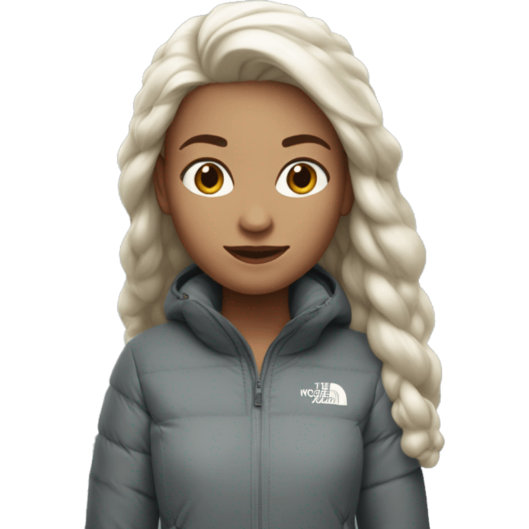 White burgundy haired Girl wearing long northface  emoji