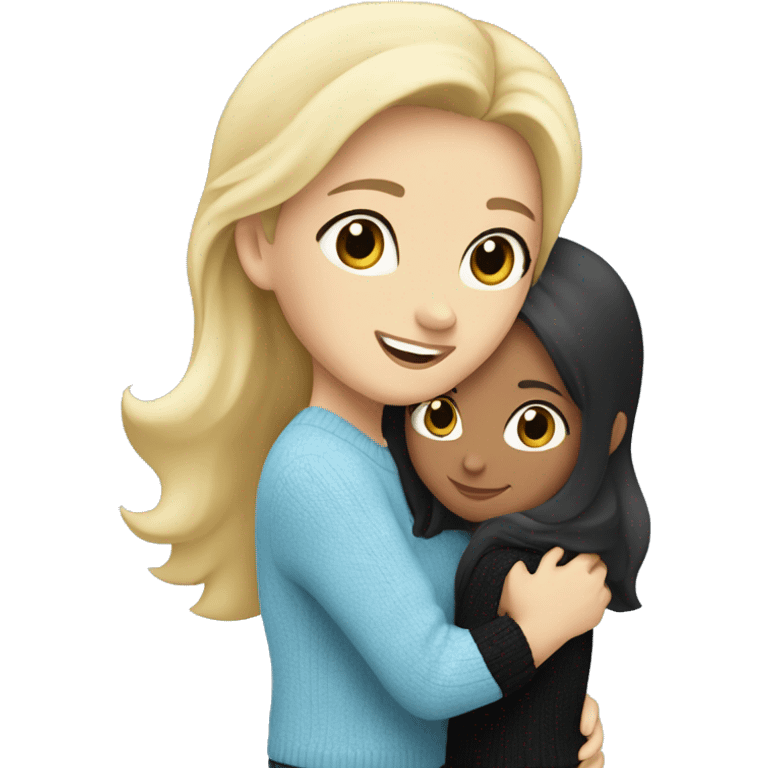 Blonde caucasian girl wearing light blue sweater ,hugging, black-haired Caucasian girl wearing black sweater emoji