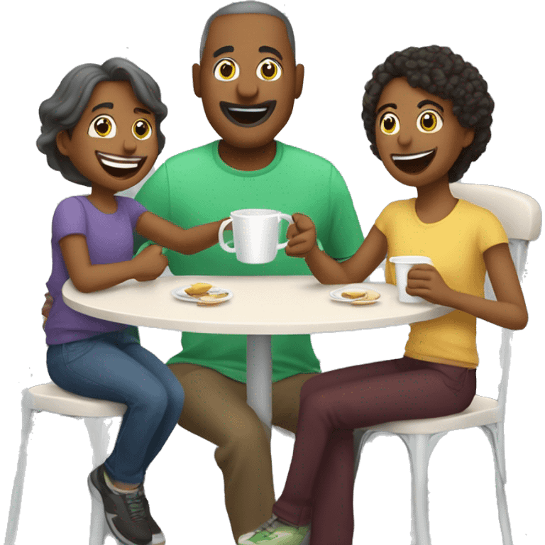 An emoji of a family—mother, father, and child—sitting at a table, playing a cup game with paper cups arranged on the table as they have fun together emoji