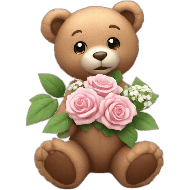 animated teddy bear holding delicate soft pink roses mixed with small white flowers, green leaves, 3D RENDERING emoji