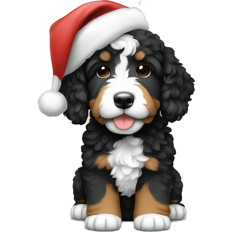 A bernedoodle puppy with a Christmas hat emoji