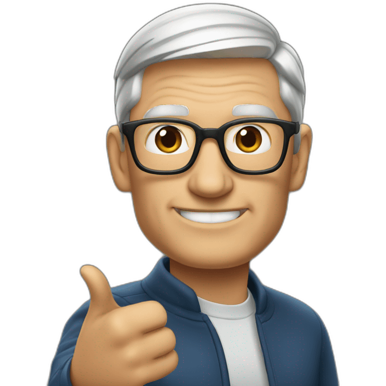 Tim Cook looking right and pointing right emoji