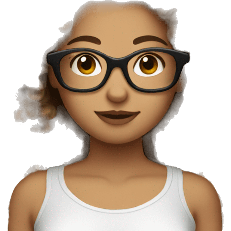 Girl with long brown curly hair tan skin black glasses and white tube top emoji