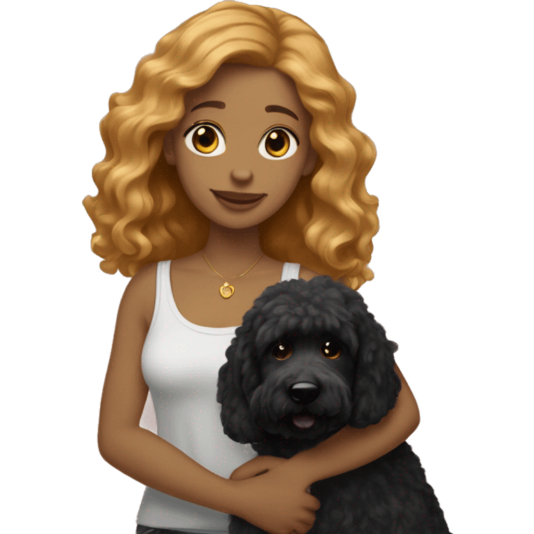 girl with medium hair strawberry blonde holding black goldendoodle emoji