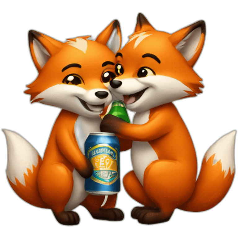 Couple of foxes hugging with a beer emoji