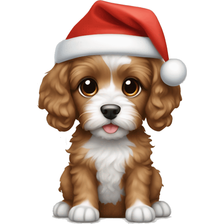 Cavoodle puppy light brown hair with a Santa hat on its head emoji