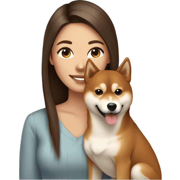 beautiful woman, straight long brown hair by, brown eyes smiling with dog Shiba Inu emoji