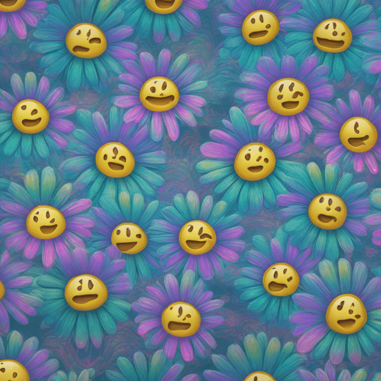 Multicolored retro groovy hippie trippy floral patterns on a metallic holographic iridescent blue dog emoji