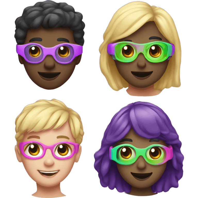 3 people different races, happy, cute wearing VR headsets, pink, purple, greens, neons emoji