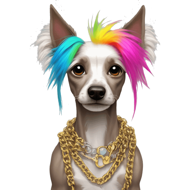 Punk Chinese crested dog neon rainbow hair gold chain punk piercings tattoos punk ear piercings emoji