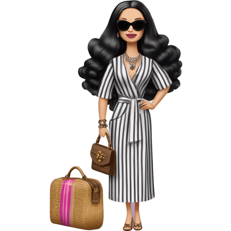 Palm Beach Breeze Barbie Wednesday Addams ,white skin, full body visible, wavy hair,handbag, earrings,vertical-striped caftan,small 2 piece, sunglasses,heels,holding yorkie Miss Thang emoji